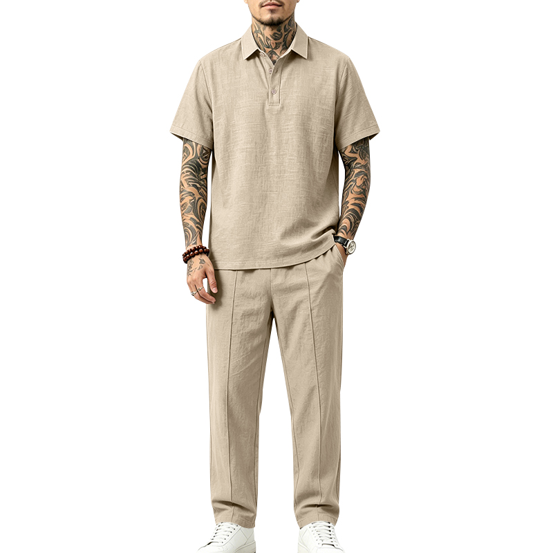 Short Linen Drawstring - Ensemble polo 2 pièces pour homme,